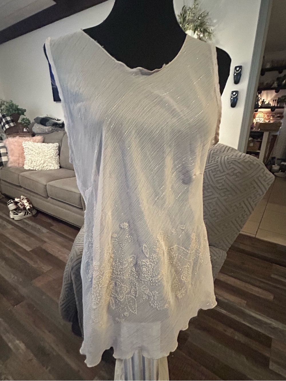 sleeveless sheer asymmetrical tunic embroidered unique back tie no tags - Picture 1 of 5
